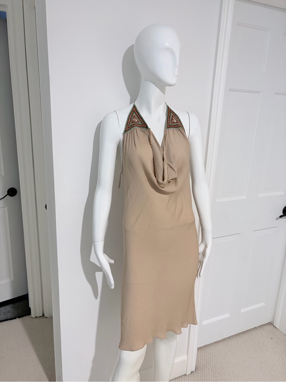 NWT Rare Daslu São Paulo Beaded Cowl Neck Open Back Halter Dress